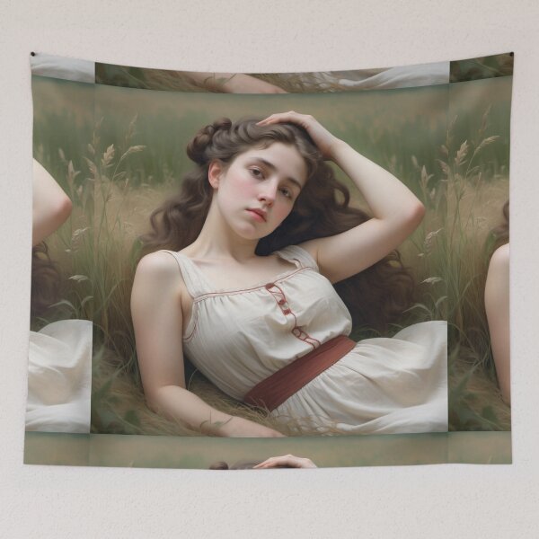 Item preview, Pretty girl reclining on a patch grass - after William-Adolphe Bouguereau French painter designed and sold by Vintage Designs +.