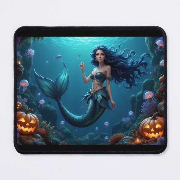 Item preview, Halloween Blue Hair Mermaid with Pumpkins and Cute Jellyfishes designed and sold by DreamagineArtDesign.