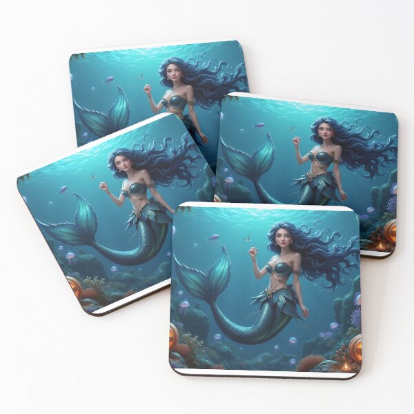 Item preview, Halloween Blue Hair Mermaid with Pumpkins and Cute Jellyfishes designed and sold by DreamagineArtDesign.
