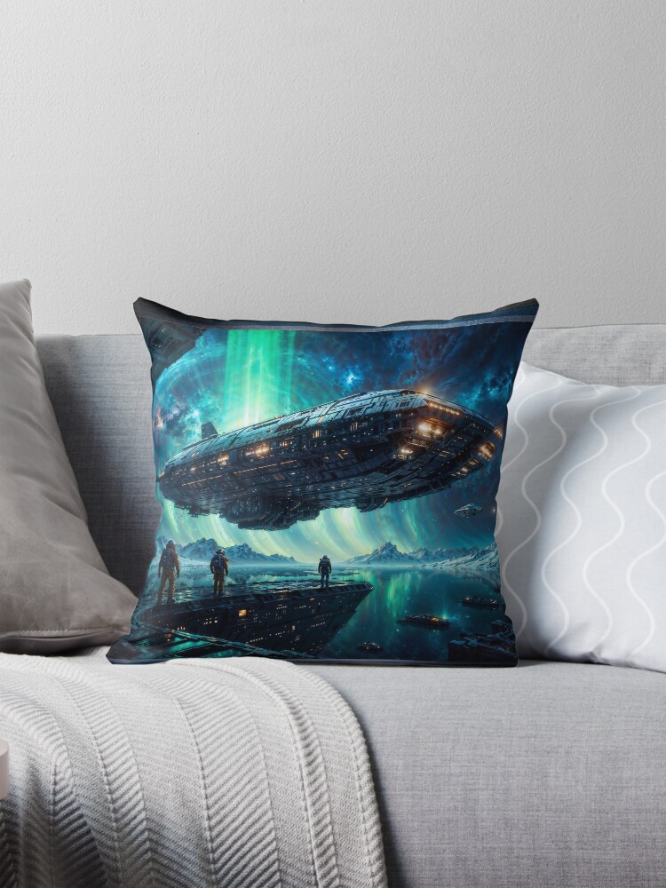 Futuristic Spacecraft Docking Amidst Auroras On An Icy Alien World AI Concept Art by Xzendor7 4 Futuristic Spacecraft Docking Amidst Auroras On An Icy Alien World Amazing AI Concept Art by Xzendor7 Decorative Art Print Throw Pillow