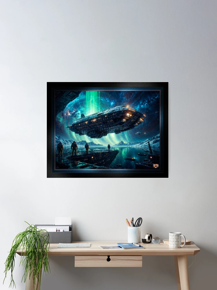 Futuristic Spacecraft Docking Amidst Auroras On An Icy Alien World AI Concept Art by Xzendor7 2 Futuristic Spacecraft Docking Amidst Auroras On An Icy Alien World Amazing AI Concept Art by Xzendor7 Wall Decor Poster Art Print