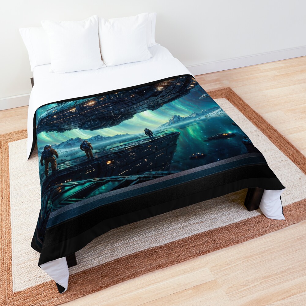 Futuristic Spacecraft Docking Amidst Auroras On An Icy Alien World AI Concept Art by Xzendor7 3 Futuristic Spacecraft Docking Amidst Auroras On An Icy Alien World Amazing AI Concept Art by Xzendor7 Decorative Art Print Comforter