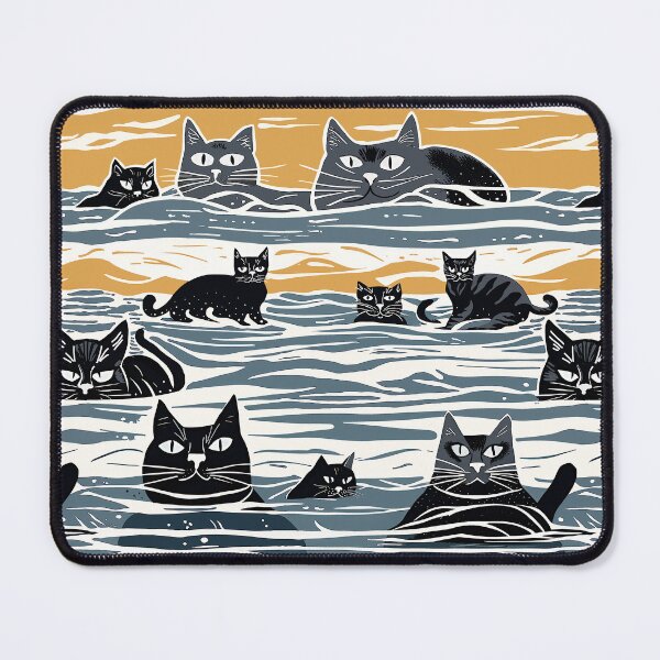 Item preview, Block Print Cats Swimming In The Sea - Black and Grey Cats designed and sold by Michelebuttons.