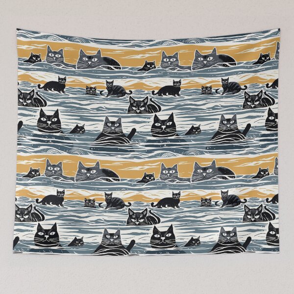 Item preview, Block Print Cats Swimming In The Sea - Black and Grey Cats designed and sold by Michelebuttons.