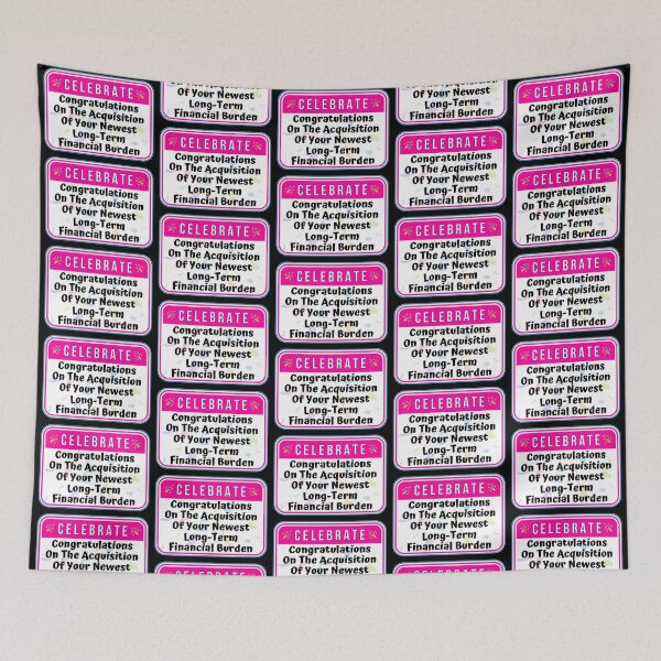 Item preview, CELEBRATE:  Congratulations On The Acquisition Of Your Newest Long-Term Financial Burden - funny warning signs designed and sold by DesignsFromTW-S.