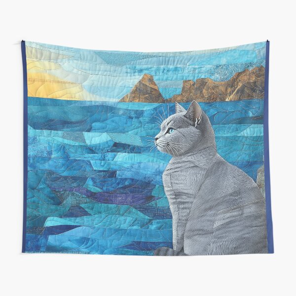 Aperçu de l'œuvre British Shorthair gris à l'océan créée et vendue par WitsandWonders.