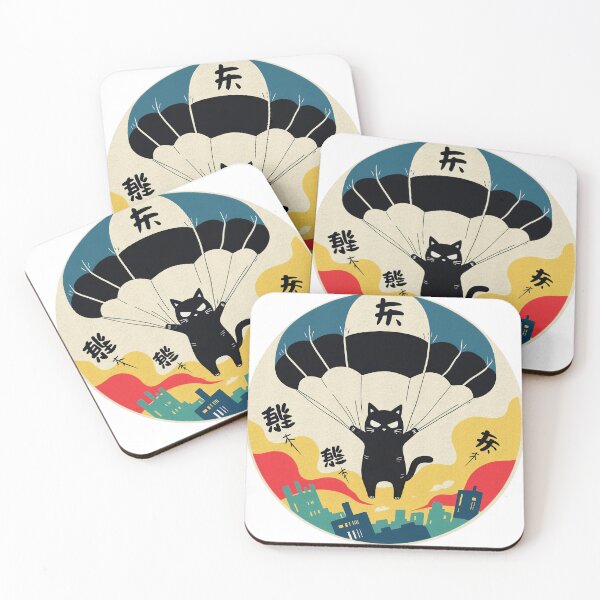 Item preview, Parachuting Ninja Cat Over City | Retro Japanese Art designed and sold by GALUMARKET.
