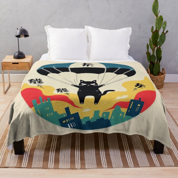 Item preview, Parachuting Ninja Cat Over City | Retro Japanese Art designed and sold by GALUMARKET.