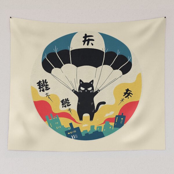 Item preview, Parachuting Ninja Cat Over City | Retro Japanese Art designed and sold by GALUMARKET.
