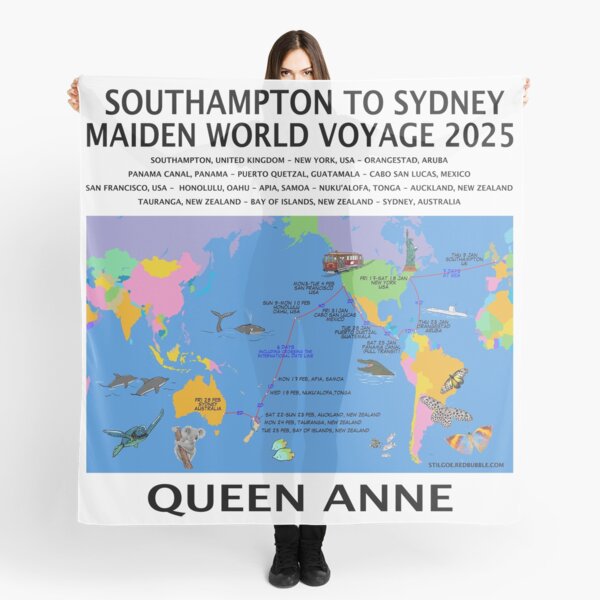 CUNARD 2025 H504B SOUTHAMPTON TO SYDNEY LEG OF WORLD VOYAGE FULLY ILLUSTRATED ROUTE MAP Scarf