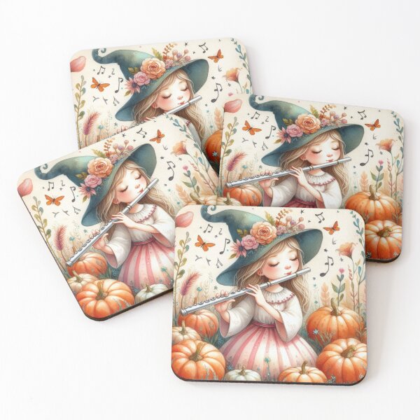 Item preview, Girl in Dress and Flowery Witch Hat Playing Flute in Pumpkin Patch with Butterflies and Music Notes designed and sold by ElegantTeaTime.
