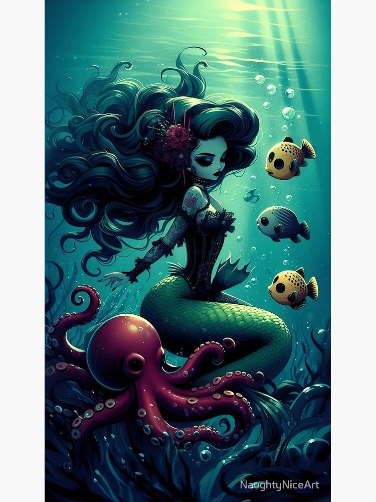 Thumbnail 3 of 3, Poster, Dark Mermaid Fish Friends designed and sold by NaughtyNiceArt.