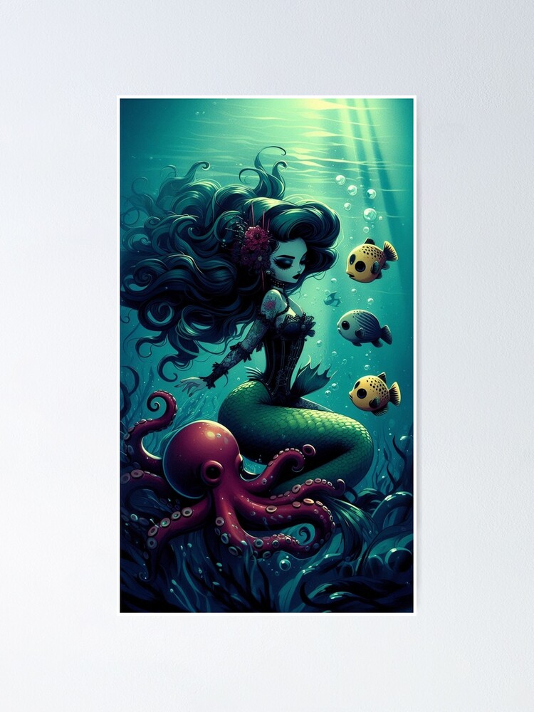 Thumbnail 1 of 3, Poster, Dark Mermaid Fish Friends designed and sold by NaughtyNiceArt.