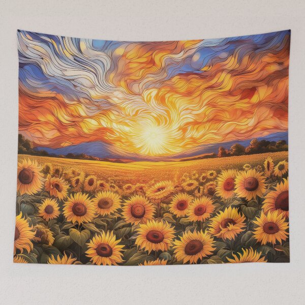 Item preview, A dense field of sunflowers, with swirling sky and intense yellows and oranges. designed and sold by HEMRO.