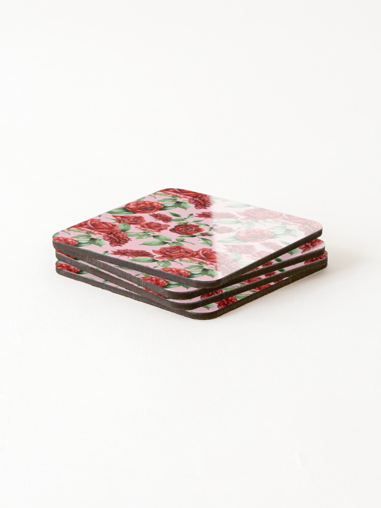 Thumbnail 4 of 5, Coasters (Set of 4), Red Roses Pattern Pink designed and sold by kpurru.