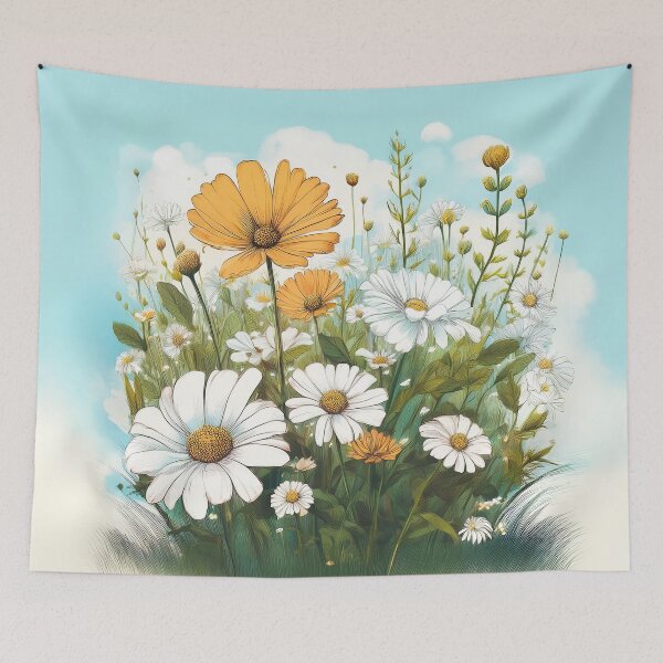 Item preview, A lush hand-drawn field of wildflowers with detailed petals and leaves. designed and sold by HEMRO.