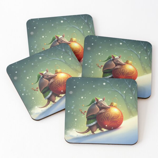Item preview, Armadillo Dressed as Elf with Giant Christmas Ornament in Snowy Setting designed and sold by WhimsyCanvasPrints.