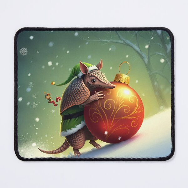 Item preview, Armadillo Dressed as Elf with Giant Christmas Ornament in Snowy Setting designed and sold by WhimsyCanvasPrints.