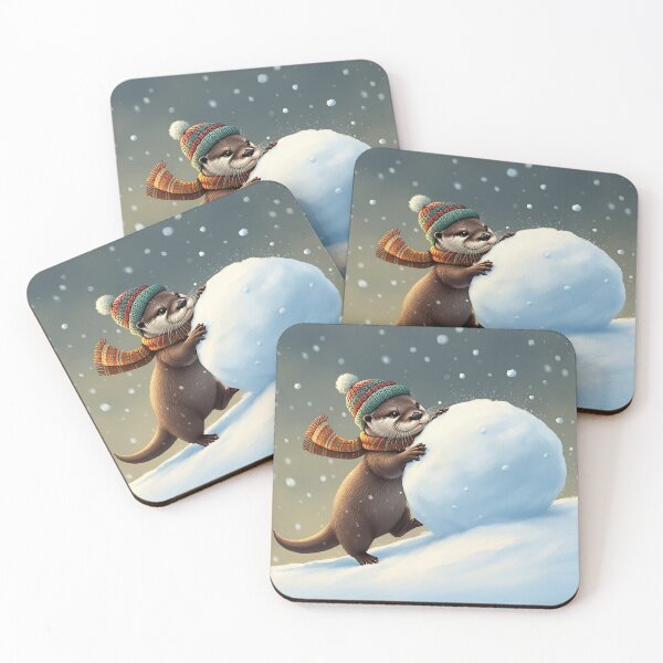 Item preview, Otter in Winter Hat and Scarf Rolling Snowball in Snowy Scene designed and sold by WhimsyCanvasPrints.