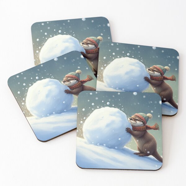 Item preview, Otter in Winter Hat Rolling a Snowball on a Snowy Slope designed and sold by WhimsyCanvasPrints.