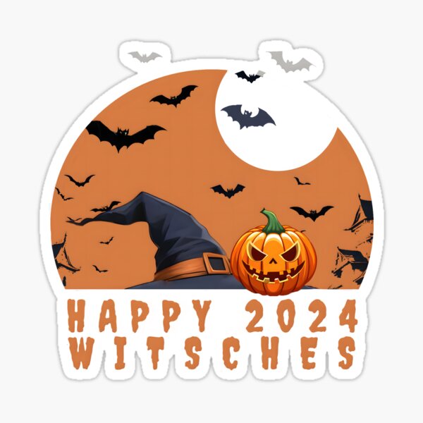 Happy Halloween 2024 | Witch Hat, Pumpkin & Bats - V3 Sticker
