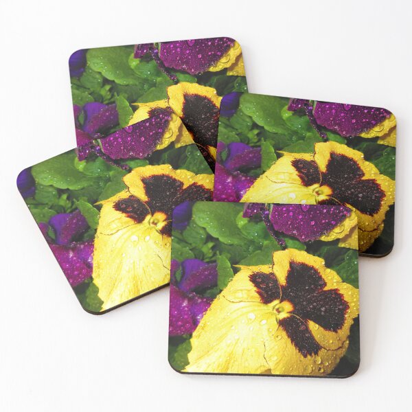 Item preview, Vibrant yellow and purple pansies are adorned with raindrops designed and sold by InezPhotography.