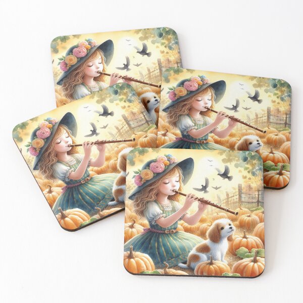 Item preview, Girl in Dress and Flowery Hat Playing Recorder in Pumpkin Patch with Puppy and Birds designed and sold by ElegantTeaTime.