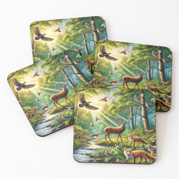 Item preview, vibrant forest scene showcases a variety of animals designed and sold by InezPhotography.