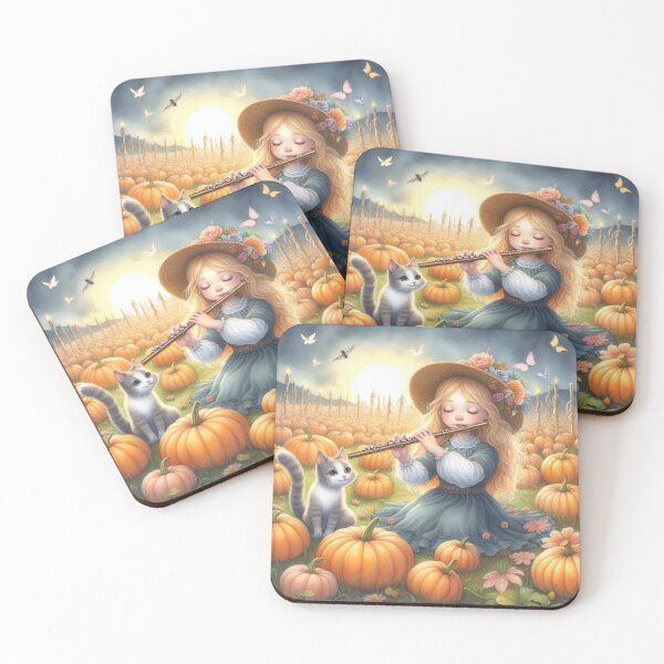 Item preview, Girl in Dress and Flowery Hat Playing Flute with Grey Tabby Kitty Cat and Butterflies at Sunset in Pumpkin Patch designed and sold by ElegantTeaTime.
