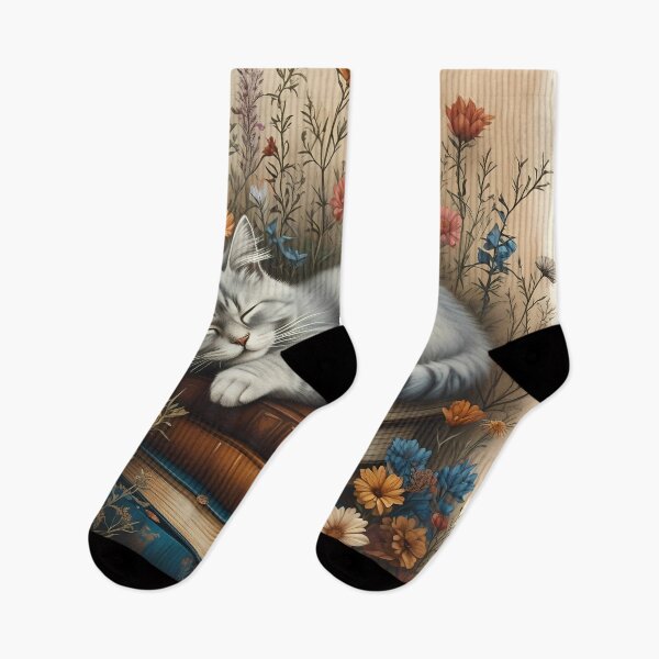 Item preview, Boho Cat Napping on Books with Flowers | Cozy Catnap Illustration designed and sold by DEEPDesignsART.