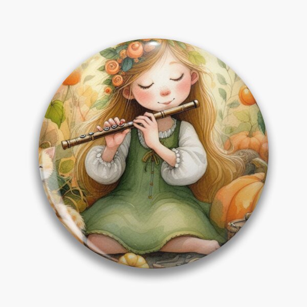 Item preview, Girl Playing Flute with Orange Tabby Cat and Butterflies in Flowery Pumpkin Patch with Birds designed and sold by ElegantTeaTime.