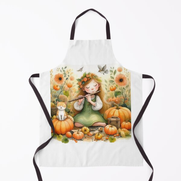 Item preview, Girl Playing Flute with Orange Tabby Cat and Butterflies in Flowery Pumpkin Patch with Birds designed and sold by ElegantTeaTime.