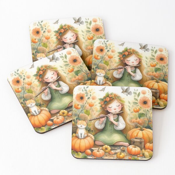 Item preview, Girl Playing Flute with Orange Tabby Cat and Butterflies in Flowery Pumpkin Patch with Birds designed and sold by ElegantTeaTime.