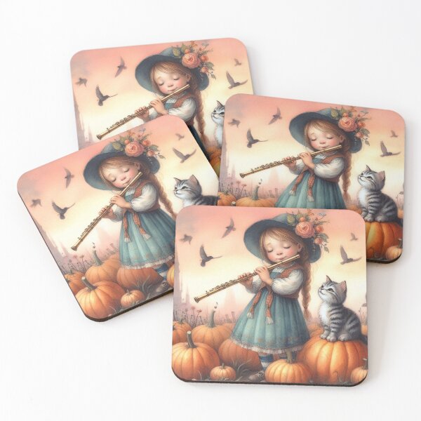 Item preview, Girl in Flowery Hat and Dress Playing Flute with Grey Tabby Cat and Birds in Pumpkin Patch at Sunset. designed and sold by ElegantTeaTime.