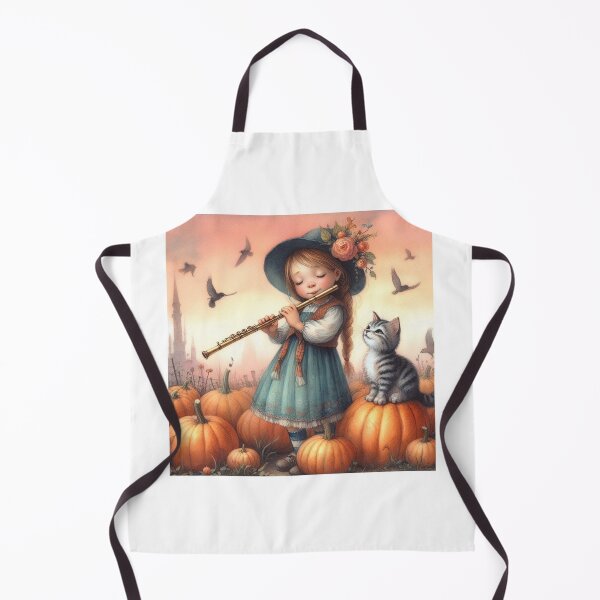 Item preview, Girl in Flowery Hat and Dress Playing Flute with Grey Tabby Cat and Birds in Pumpkin Patch at Sunset. designed and sold by ElegantTeaTime.
