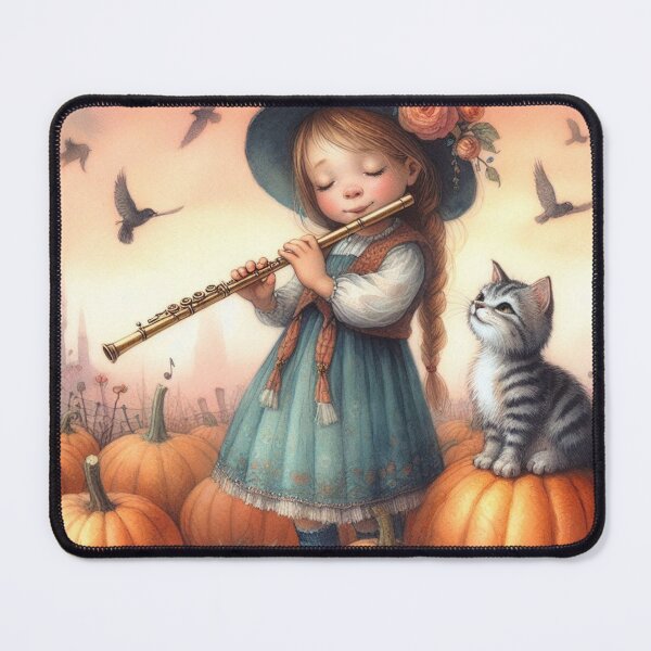 Item preview, Girl in Flowery Hat and Dress Playing Flute with Grey Tabby Cat and Birds in Pumpkin Patch at Sunset. designed and sold by ElegantTeaTime.