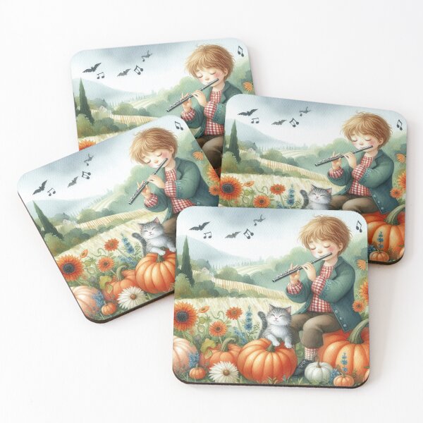 Item preview, Boy Playing Flute with Grey Tabby Cat and Birds in Flowery Pumpkin Patch in Country designed and sold by ElegantTeaTime.