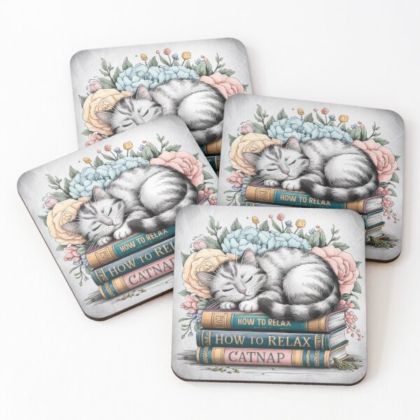 Item preview, Sleepy Grey Cat Napping on "How to Relax" Books with Boho Flowers designed and sold by DEEPDesignsART.