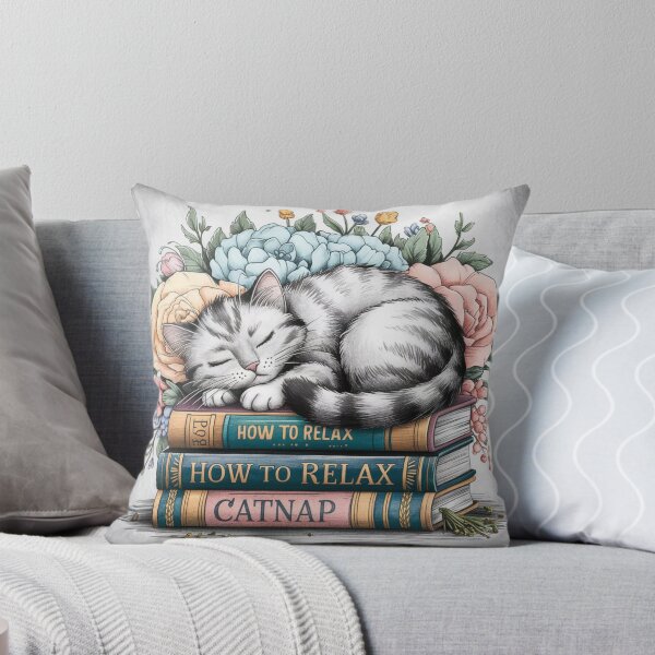 Item preview, Sleepy Grey Cat Napping on "How to Relax" Books with Boho Flowers designed and sold by DEEPDesignsART.
