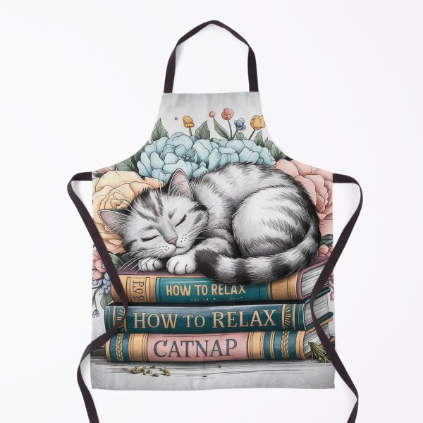 Item preview, Sleepy Grey Cat Napping on "How to Relax" Books with Boho Flowers designed and sold by DEEPDesignsART.