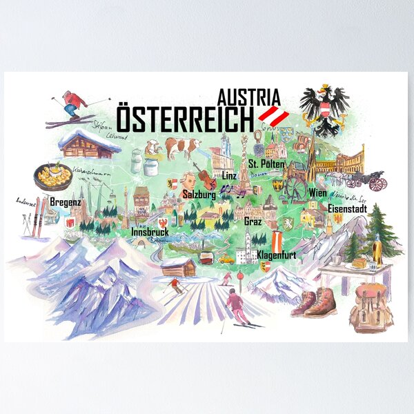 Item preview, Austria Illustrated Travel Map Alps and Hiking with Roads and Tourist Highlights designed and sold by artshop77.