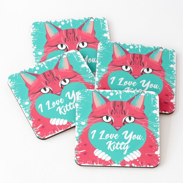 Item preview, Red Kitten in turquoise colors with a heart, I love you kitty, motivation for everyone. designed and sold by Cherry-Cat.