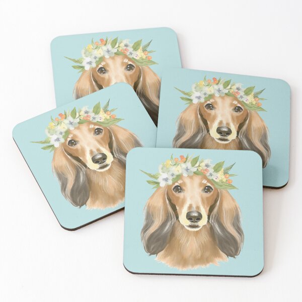 Item preview, Long Haired Dachshund Flower Crown Watercolor designed and sold by Magnolia Valley Art.