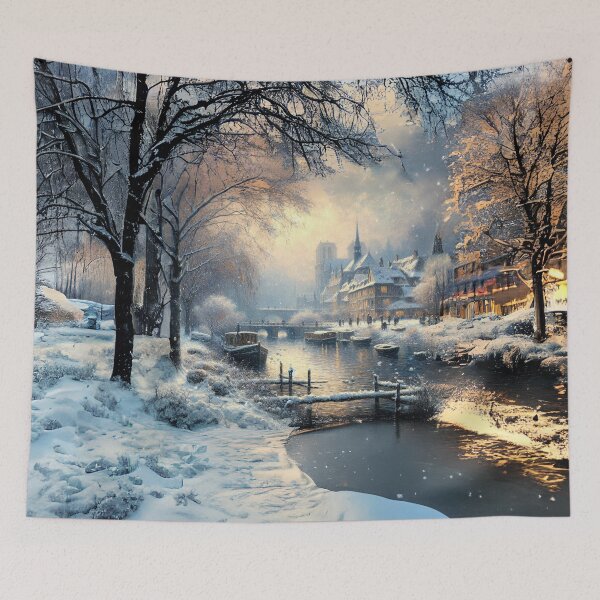 Item preview, Snowy Riverside Town at Twilight designed and sold by MarinaFila.