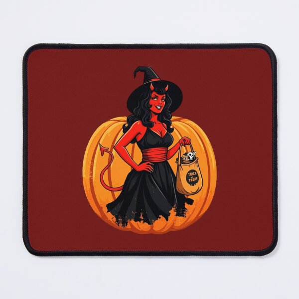 Item preview, Retro Pinup Devil Lady in Witch Costume with Jack-o-Lantern Bag – Halloween Pumpkin Design designed and sold by Claw Prod Co.