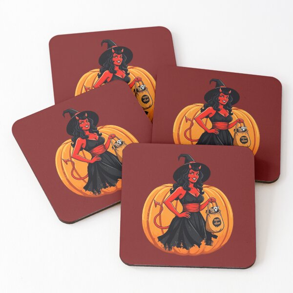 Item preview, Retro Pinup Devil Lady in Witch Costume with Jack-o-Lantern Bag – Halloween Pumpkin Design designed and sold by Claw Prod Co.