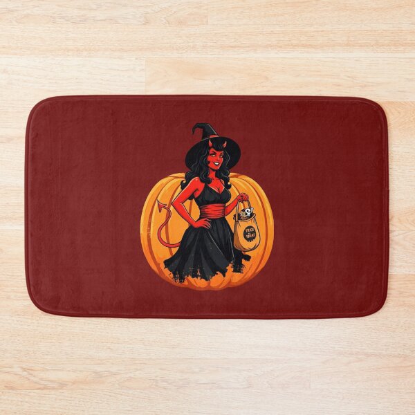 Item preview, Retro Pinup Devil Lady in Witch Costume with Jack-o-Lantern Bag – Halloween Pumpkin Design designed and sold by Claw Prod Co.