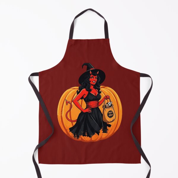 Item preview, Retro Pinup Devil Lady in Witch Costume with Jack-o-Lantern Bag – Halloween Pumpkin Design designed and sold by Claw Prod Co.