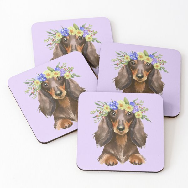 Item preview, Long Haired Dachshund Flower Crown Watercolor 5 designed and sold by Magnolia Valley Art.
