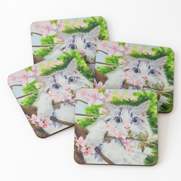 Item preview, Cute cat and cherry blossom art print designed and sold by Jennywatercolor.